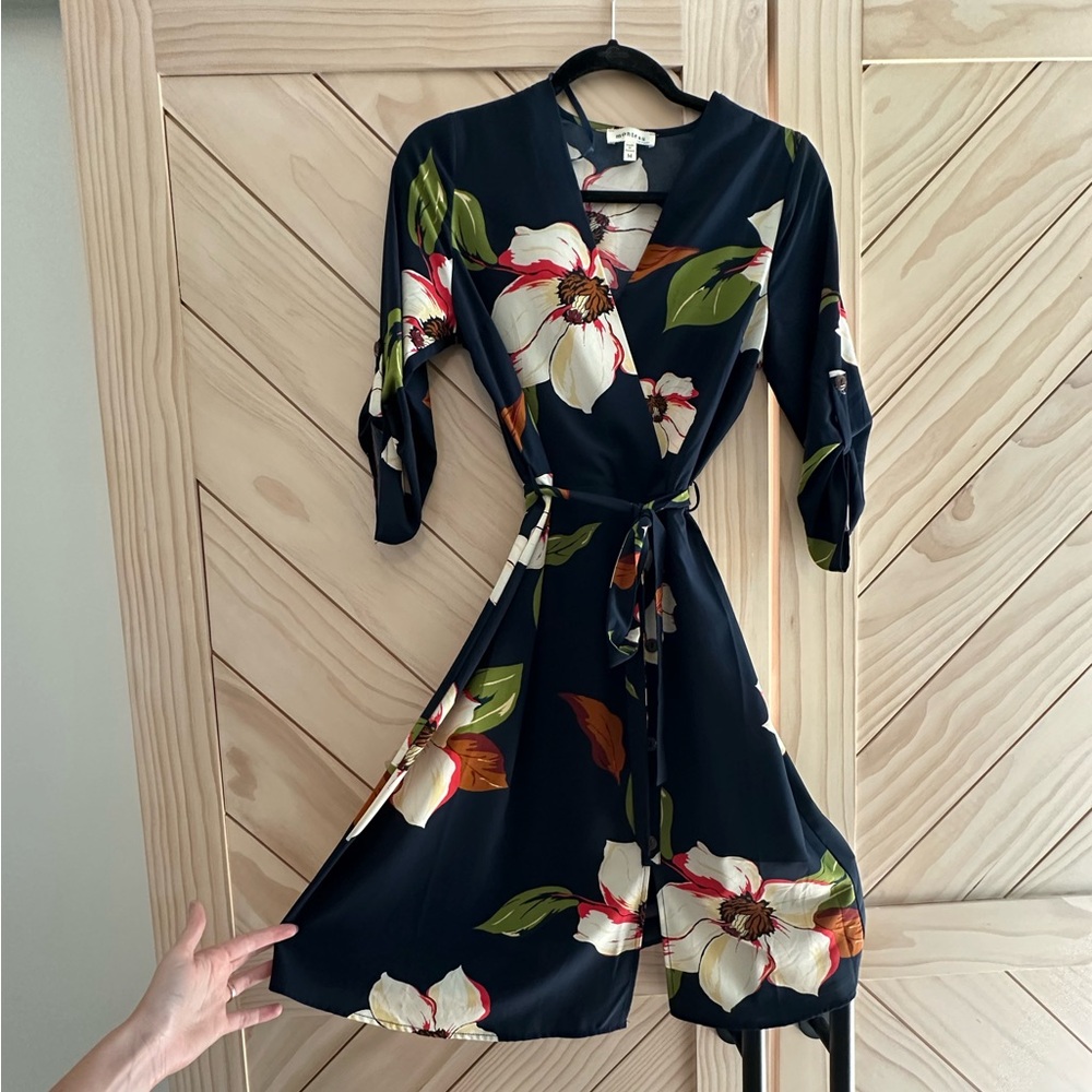Monteau Navy Magnolias Floral Print Wrap Type Dress